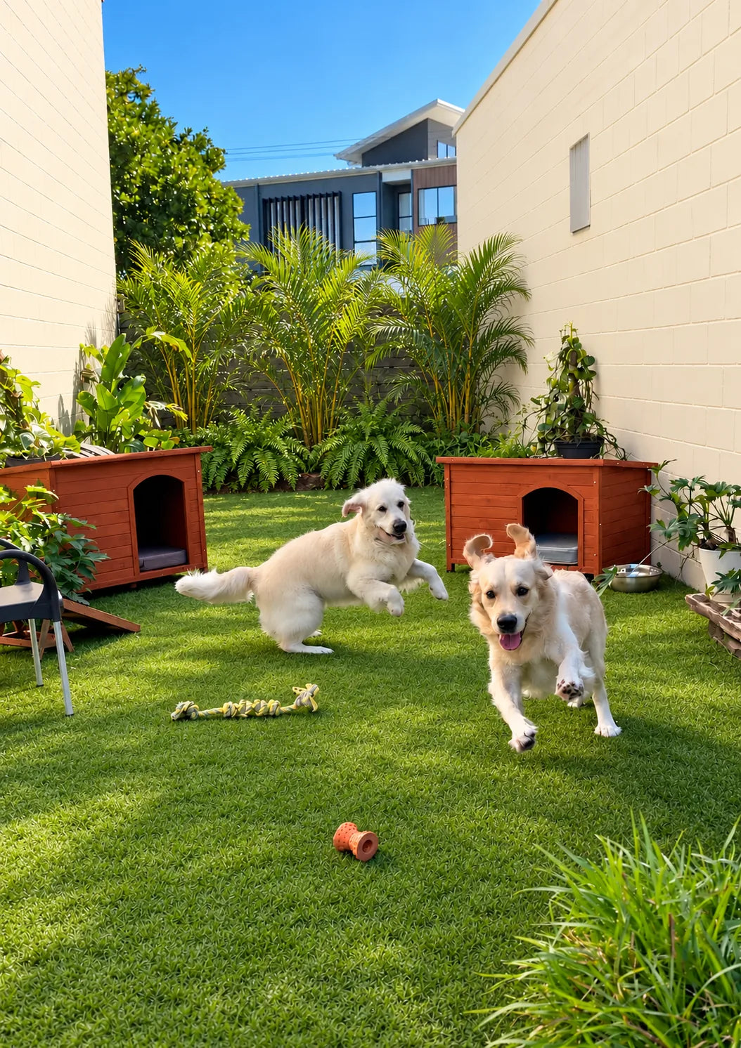 Two Golden Retrievers playing on the turf yard at Pets Juicy doggy daycare in Miami, Gold Coast