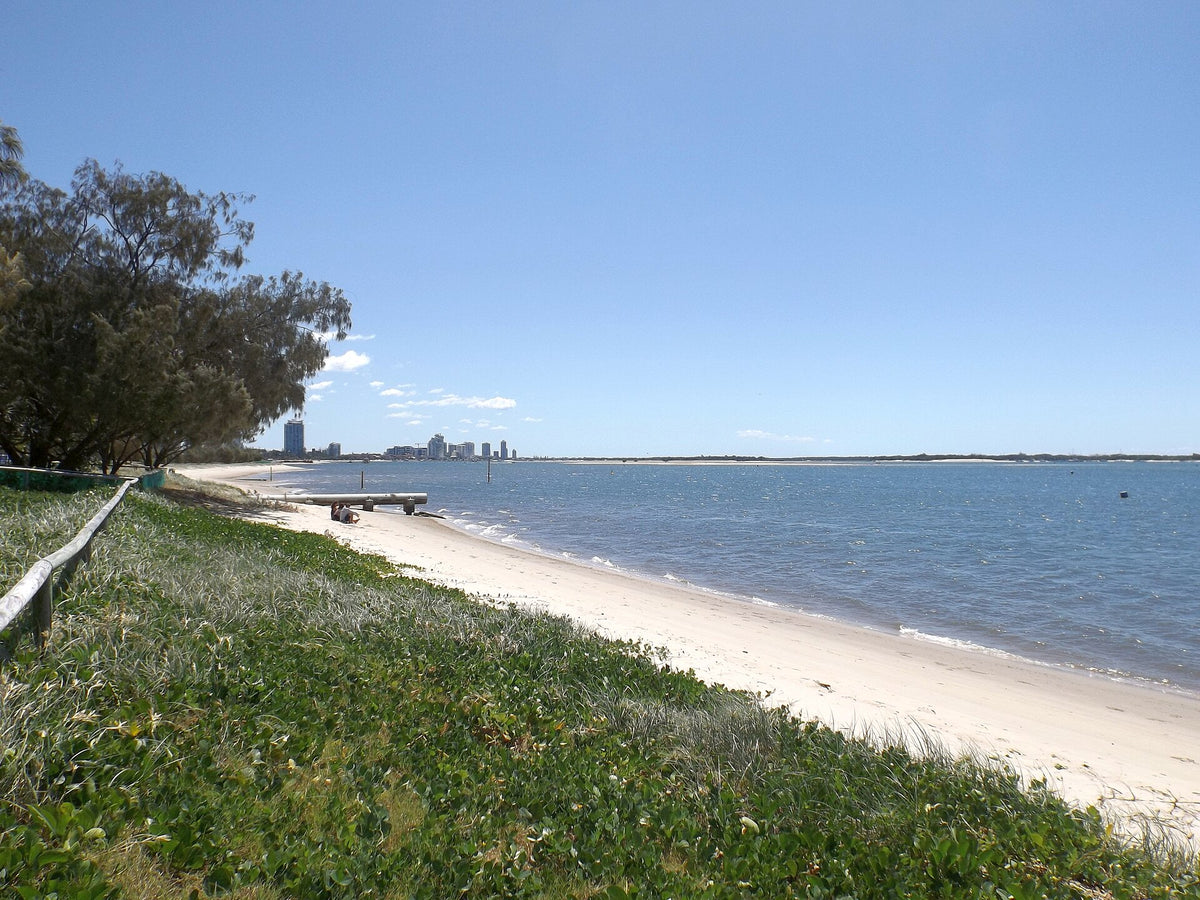 Grassy foreshore and path at Broadwater Parklands on the Gold Coast | Pets Juicy in Miami