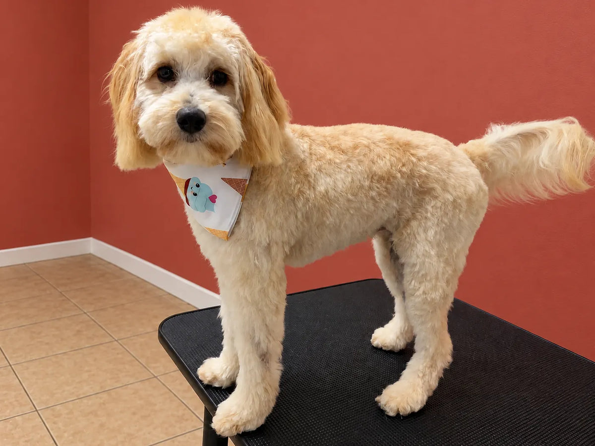 Cashew the Labradoodle after a groom, with a neat teddy face, tidy legs and an ice cream bandana at Pets Juicy in Miami, Gold Coast