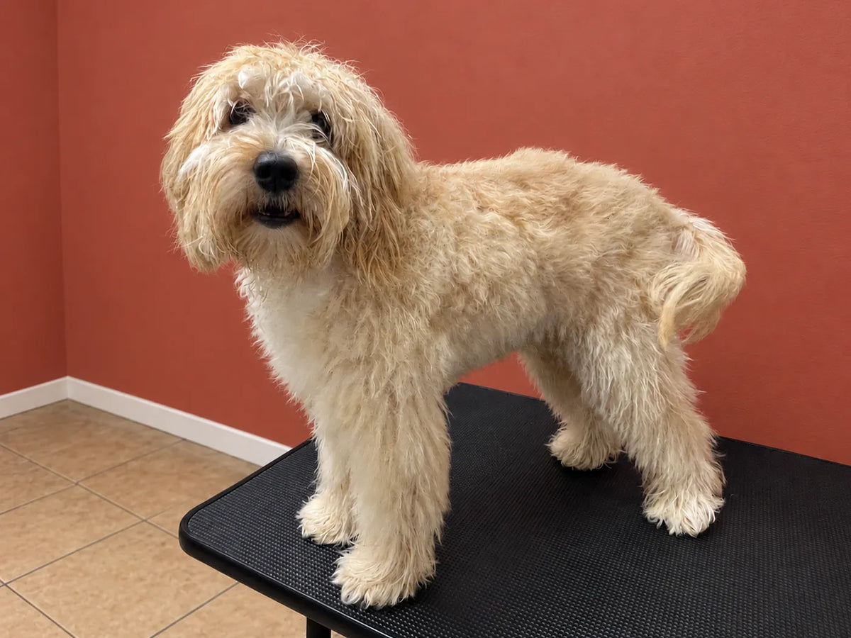 Cashew the Labradoodle before a groom, shaggy and wet-look on the grooming table at Pets Juicy in Miami, Gold Coast