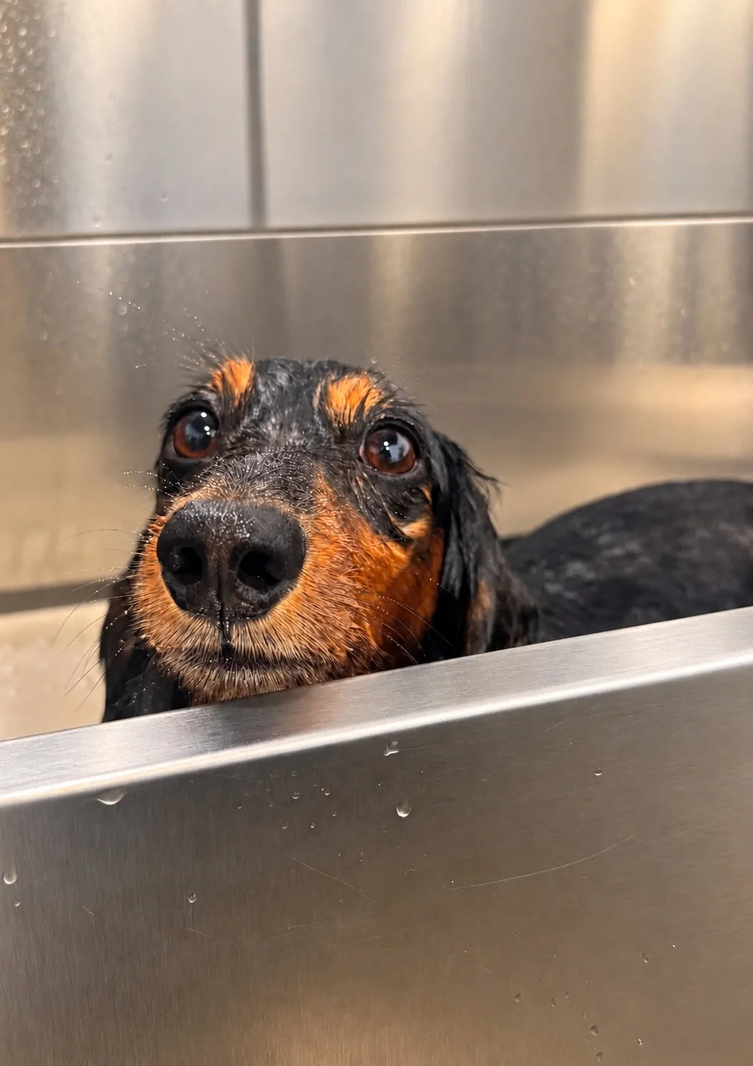 Wet Dachshund peeking over the tub during a short coat dog wash at Pets Juicy in Miami, Gold Coast